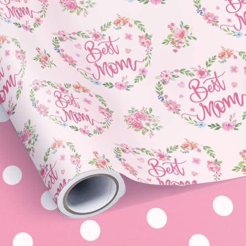 Neloheac rosa bästa mamma presentpapper med blomkrans, vändbara prickar presentpappersrulle 43 cm x 10 m för mors dag, mamma födelsedag, kvinnor