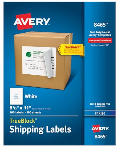 Avery® Full-Sheet Printable Shipping Labels, 8.5 x 11 Customizable Stickers, White, 100 Blank Mailing Labels, Great for Mailing, Shipping, Organizing, and More (8465)