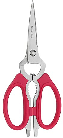 Messermeister 8-Inch Take-Apart Kitchen Scissors, Red - Includes Screwdriver, Nut Cracker, Jar Lid Opener/Gripper, Bottle Opener & Bone + Twig Cutter - Suitable for Lefties & Righties