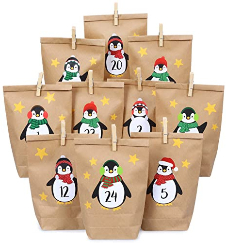 Papierdrachen Adventskalender 2025 zum Befüllen - Kraftpapier Set - mit braunen Papiertüten - Pinguine zum Aufkleben - inkl. Klammern - Weihnachten