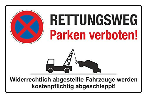 Schild Parkverbot Halteverbot Rettungsweg Parken verboten 3 300 x 200 mm | 3 mm Alu-Verbund, wetterfester UV-Direktdruck, robust und langlebig, Made in Germany