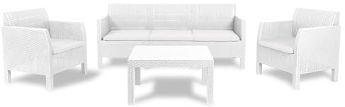 Toomax Set Salotto da giardino Matilde 5 posti bianco, in plastica resistente effetto rattan, 2 poltrone con schienale ergonomico, divano da 3 posti e tavolo, ideale per spazi esterni