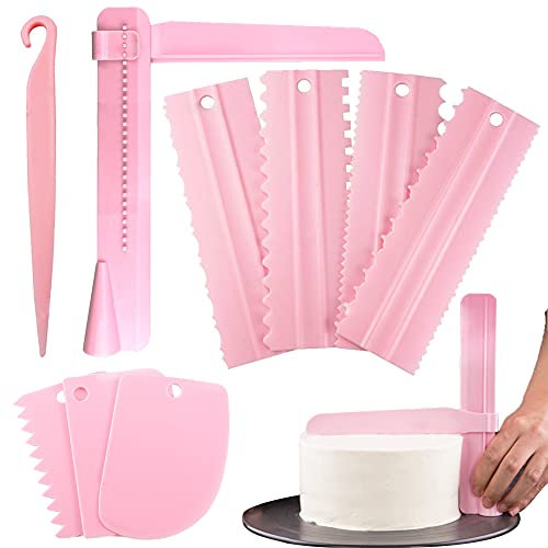 Shao hua 9 espátulas para tartas, alisador de fondant ajustable, peine para decoración de tartas, tarjeta de masa, herramientas de cocina para hornear, 7 rascadores diferentes (rosa)