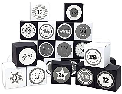 Frau WUNDERVoll® DIY Adventskalender Vorfreude zum Befüllen, Faltschachteln 12x schwarz 12x weiß 7x7x7cm (gefaltet), XL Ziffern grau/Weihnachten, Aufkleber, Würfelbox, Faltverpackung, Schachteln