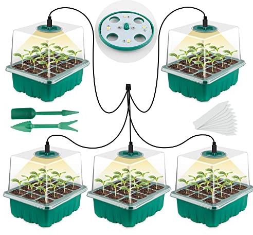 NEWKITS Seed Starter Tray with Grow Light, Seed Starter Kit, Plant Germination Starting Trays with Humidity Dome and Base for Greenhouse Grow Wheatgrass Hydroponic(12 Cells per Tray)