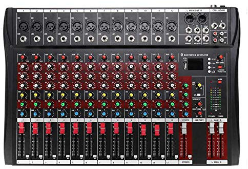 FGHSD Mezcladores en Vivo, mesas de Mezclas de Estudio DJ Mezclador de Audio Bluetooth Consola de Mezclas con Conector USB MP3 Amplificador de Karaoke Profesional de 12 Canales 48V Phantom Power