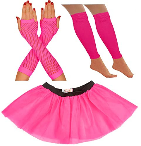 80er Jahre Kostüm für Frauen Neon Tutu Rock 80er Jahre Kostüm Neon Party Zubehör 1980er Jahre Kostüme für Frauen Neon Tutu Neon Beinstulpen Neon Fischnetz Handschuhe Rave Outfit (40-48, Rosa)