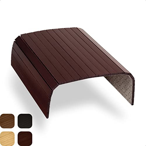 Tuko Armlehne Sofatablett - Bambus Couchtablett Kirschbraun | Flexibler Getränkehalter & Sofa Ablage | Holztablett für Sofalehne & Couch | Rutschfeste Unterseite | Sofa Tray