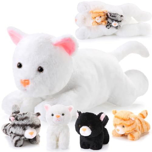 Skylety 5 Pieces Cat Stuffed Animal with Babies Inside,White | Kitten Surprise Plush Cat Pregnant Mommy Kitty with 4 Cute Fluffy Stuffed Kittens Christmas Birthday Gifts