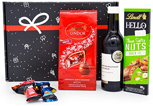 Geschenkset Wein & Schokolade“ | Geschenkkorb mit Rotwein & Lindt Pralinen | Präsentkorb gefüllt für Frauen & Männer