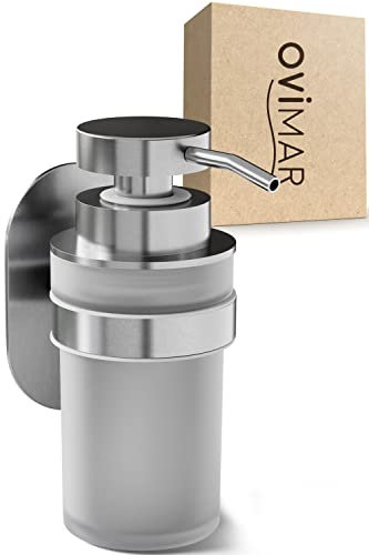 ovimar Seifenspender Kegnaes | Silber | Wandmontage ohne Bohren | aus Edelstahl und weißem Glas | extra große Öffnung leicht wiederbefüllbar | für Badezimmer oder Küche | Desinfektionsmittelspender