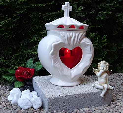 Grablampe mit Sockel Herz weiß 26,0cm Grablicht Grabschmuck Grablaterne Grabkerze Kerze Grableuchte Lampe Laterne Licht Trauer Friedhof Garten