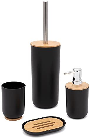 Inbagno Set Bagno Accessori Completo – 4 Pezzi, Kit Accessori appoggio in ABS e Legno bambù, Include Dispenser, portaspazzolini, portasapone e scopino WC, Linea Surf