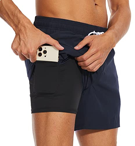 Arcweg badbyxor för män med kompressionsfoder, 2-i-1 snabbtorkande badshorts med fodrade boxershorts, stretchiga strandshorts med blixtlåsfickor, S – XXL, M