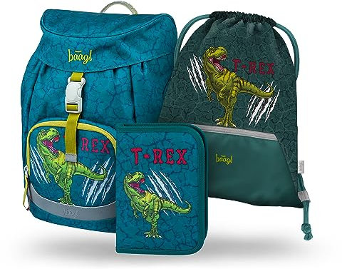 Baagl Schulranzen Jungen für 1. Klasse, Airy Schultasche Set 3-Teilig, Grundschule Schulrucksack für Kinder, Ranzen für Schule, Tornister (T-REX)