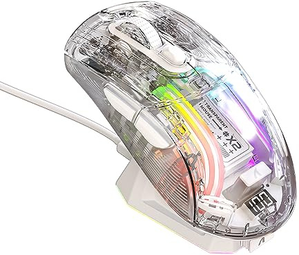 AJAZZ Ratón inalámbrico para juegos con transparente, triple modo de 2.4 GHz/Bluetooth/con cable, pantalla digital, base de carga, retroiluminación RGB 3D, ratones silenciosos con 7 botones, ratones