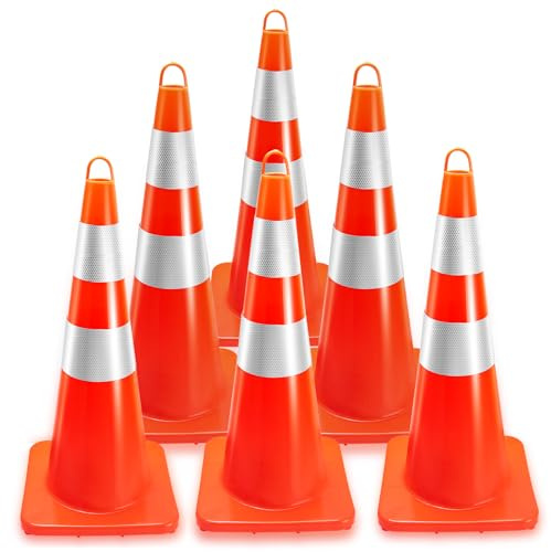 Traffic Safety Cones 28 Inch, Orange Street Cones, Large Road Cones, PVC Traffic Cones Heavy Duty Construction Cone for Parking Lot, Driveway, Construction Events - 6 Pack Highway Cones