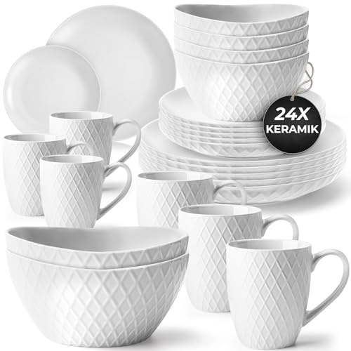 MIAMIO - Geschirrset/Tafelservice Keramik (24-Teilig) - Palmanova (Weiß) | Modernes Tafelservice Steingut / große & kleine Teller, Schüsseln & Kaffeetassen, Keramik Geschirr Set - spülmaschinenfest