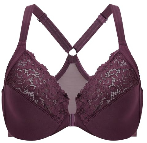 DELIMIRA Kvinnors Främre Stängning Plus Size Full Täckning Spets Bygel Racerback Bh Vinbär 85B