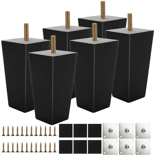 VIDETOL 6 PCS Wooden Furniture Legs, 10 cm Square Sofa Legs, Black Sofa Feet with Screws, Rubber Mats, Mounting Plate for Sofas, Cupboard, Couch