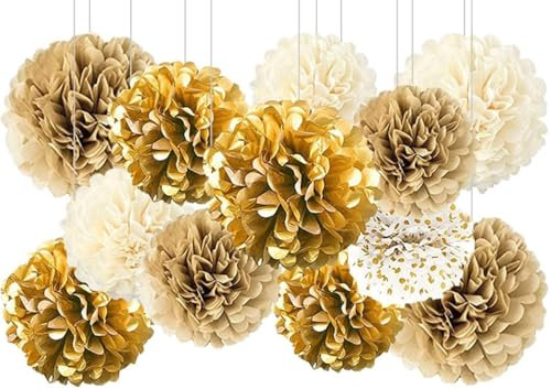 12 Pcs Pon Pon in Carta Velina Color Oro 4 Colori - Pompon in 3 Misure per Feste, Fiori Decorativi - Adatto per Matrimoni e Anniversari
