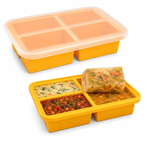 Extra-Large Silicone Freezing Tray with Lid - Heavy Duty Plastic Food Container, Soup Freezer, Sauces, Meal Prep, 300ml Per Portion, 1.2L Total Capacity