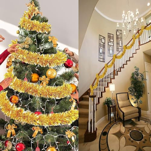 Weihnachtsbaum Lametta Girlande, 6 Stück 2 m Weihnachtsdeko, Christbaumschmuck (Gold)