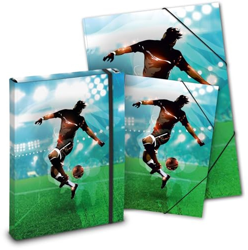 itenga Mappen SET 3teilig: Heftbox + Gummizugmappe A4 + Zeichenmappe A3- für Kinder Jugendliche Schüler (Motiv Fussball)