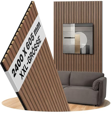 Akustikpaneele Walnuss Wandpaneele Filz Schwarz, Oberfläche: Echtholz Format: 2400 x 605 mm - Akustikpaneele als Wandverkleidung aus Holz - Lamellenbreite: 27 mm (Walnuss)