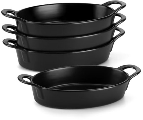 MALACASA Oval Ceramic Lasagne Dishes for Oven, Oven Baking Dishes, Ideal for Lasagne Shepherds Pie and More - Small Lasagne Dish, Pie Dish, for Oven Safe, Set of 4, 22 OZ, Black