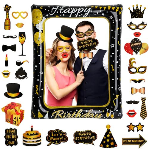 Hysenm Ensemble de 31 pièces Cadre Photo Gonflable Anniversaire Or Noir, Cadre Selfie Anniversaire, Cadre Photo Selfie, Accessoires de boîte Photo Gonflable pour Photomaton