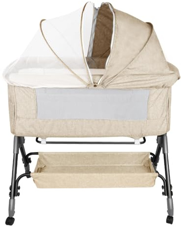 Supfine Cododo 3-in-1 Kinderbett Cododo mit Matratze und Moskitonetz, Höhenverstellung, Mobile Babywiege für Neugeborene/Säugling, Cododo-Bett mit Aufbewahrungskorb (Beige, 104 * 52 * 100-110cm)