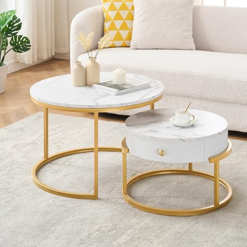 Ginhow 2er-Set Runder Couchtisch mit Schublade, weiß mit Marmoroptik aus MDF für Wohnzimmer - Moderner Beistelltisch mit Goldrahmen, Rundwohnzimmertisch, Maße Ø70xH45cm und Ø50cmxH35cm
