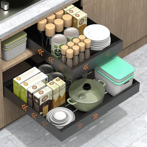 Teleskopschublade, Dehnbar Ausziehbarer Schrank, 3 Pfade Schwer Kohlenstoffstahl Schubladen Aufbewahrungsregale für Küche Badezimmer Wohnzimmer, Expandierbare Breite 31-52 cm, Schwarz, 1 Packung