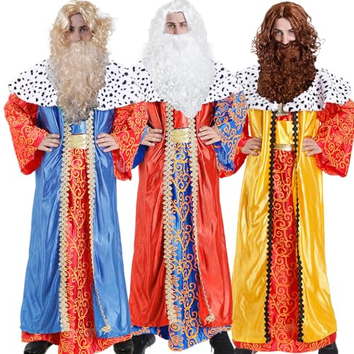 Carnavalife Costume Re Magio uomo, costume di Natale per uomo adulto 5 pz Costume in 5 Pezzi, completo accessori costume Re Magio adulto (ROSSO+PARRUCCA+BARBA, XL)
