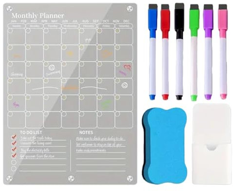 Pruojhw Clear Calendar for Refrigerator,Acrylic Calendar for Refrigerator | Clear Dry Erase Board with Magnets - Whiteboard for Refrigerator, Memo Pad