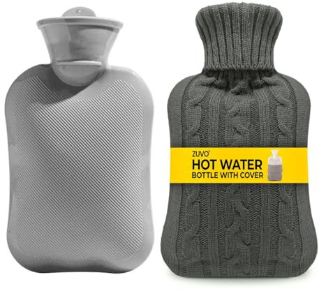 Zuvo 2L Hot Water Bottle with Soft Knitted Cover – Large, Leakproof, & BPA-Free for Pain Relief, Cramps & Warmth – Grey