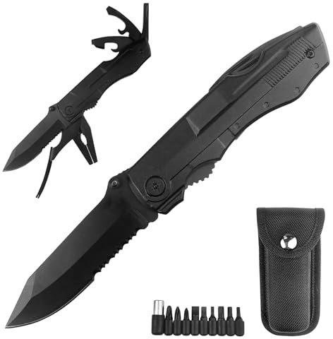 MeoZynxadril Navaja Multiusos, Cuchillo Supervivencia Inoxidable, 10 en 1 Multiherramienta, Cuchillo Plegable Supervivencia, Navaja Pequeña con Destornilladores, para Aire Libre, Regalos para Hombre