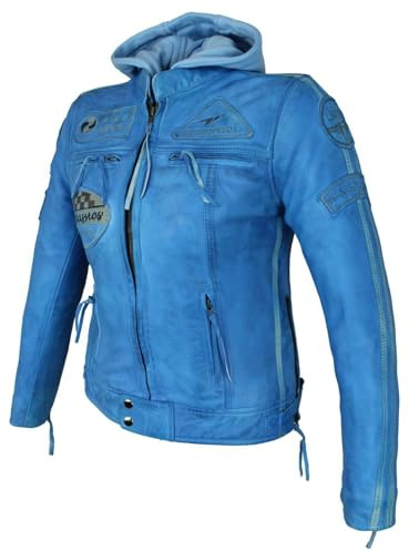 Damen Motorradjacke Lederjacke Damen Jacke mit Protektoren Lederjacke mit Kapuze Leather Jacket Biker Jacket Custom Jacke (DE/NL/SE/PL, Alphanumerisch, M, Regular, Regular, Blau)