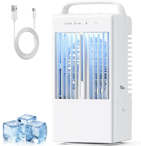 Portable Air Conditioner, 900ML 4 in 1 USB Small Personal Evaporative Air Cooler with Spray Modes & 3 Speeds 7-Color LED, 90° Rotatable Mini Air Conditioner Fan with Timer, Room Cooler for Office