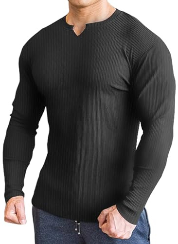 Lehmanlin Långärmad t-shirt för män, smal passform, V-ringning, ledig atletisk topp, stretchig ribbad topp, 01-svart-lång, M