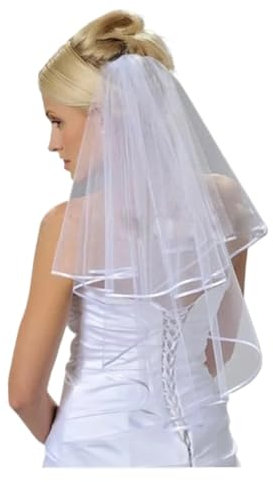 LYHYDMA Brautschleier Brautschleier mit Kamm Zwei Schichten Kurz Weiß Günstige Braut Zubehör 75cm Kurz Damen Schleier Weiß(Ivory with Edge)
