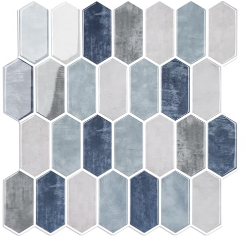 WalDecoo Peel and Stick Long Hexagon Tiles for Kitchen, Thicker Peel and Stick Wall Tile, 10-Sheet 3D Self Adhesive Wall Tiles, Mix Blue 12x12 Tile Stickers for Kitchen and Bathroom.