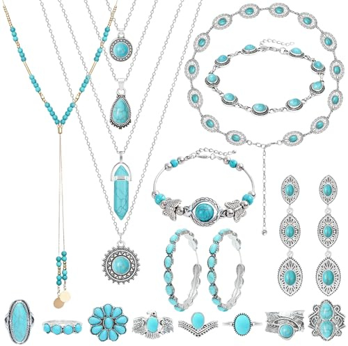 NEWITIN 20 Pieces Silver Bohemian Jewelry Set for Women Fashion Costume Jewels Turquoise Necklace Bracelet Ring Earrings Western Turquoise Jewelry Set for Women