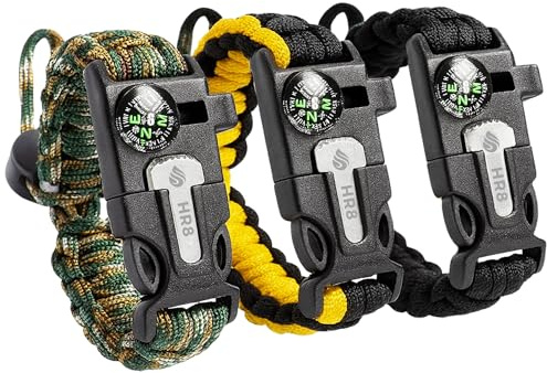 HR8 Paracord Survival Bracelet (3 Pack) – Adjustable Paracord Bracelets, Hunting Gear with Fire Starter, Compass, Whistle & 12ft 550 Cord – Camping & Hunting Essentials (Black, Camo, Yellow)