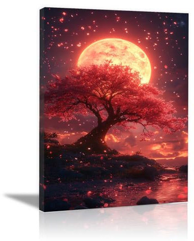 TODOAA Astratto Quadri Soggiorno Grande Albero della vita Luna dell'albero della notte Pittura Moderni Poster da parete- Camera da letto Ufficio Decorazioni(rosso)-30x40cm Incorniciato