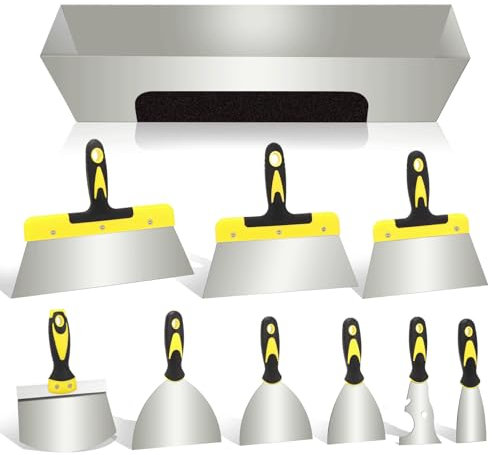 Spachtel Set,10 Stück Edelstahl Malerspachtel Set,Flächenspachtel Trockenbau Werkzeug mit Griff,Maler Werkzeug Spachtel mit Spachtelkasten,Putty Messer Spachtel Set für Tapeten/Trockenbau/Gips Schaben