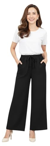 Mujer Pantalones Elegantes Finos Pantalones Palazzo de Mujer Cómodos, Ligeros y Frescos Anchos Tejido Suave (Lino Negro L/XL)