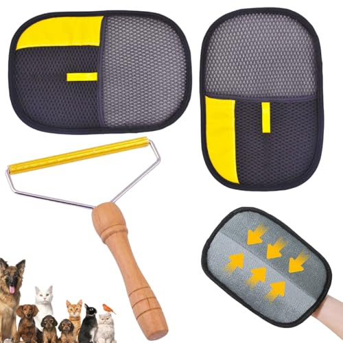 2 pet Guanti per la cura del pelo double face per pets,1 Pet Hair Remover, Wooden Dog Hair Remover Roller,guanti antistatici per gatti e cani,per lavare,rimozione dei capelli