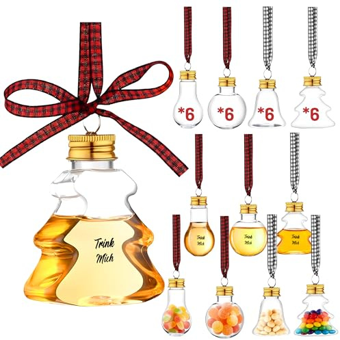 24 Stück Weihnachtskugeln zum Befüllen, 50 ml transparente Weihnachtsdeko mit Deckel & Band, Perfekt für Wein, Schnaps, Partys und als Christbaumanhänger